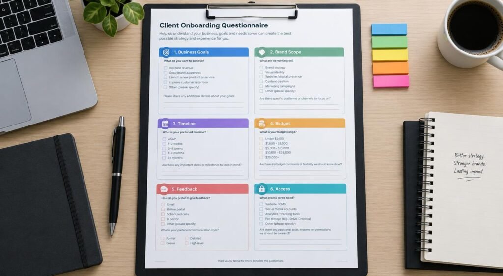 client onboarding questionnaire sections for goals scope brand and approvals