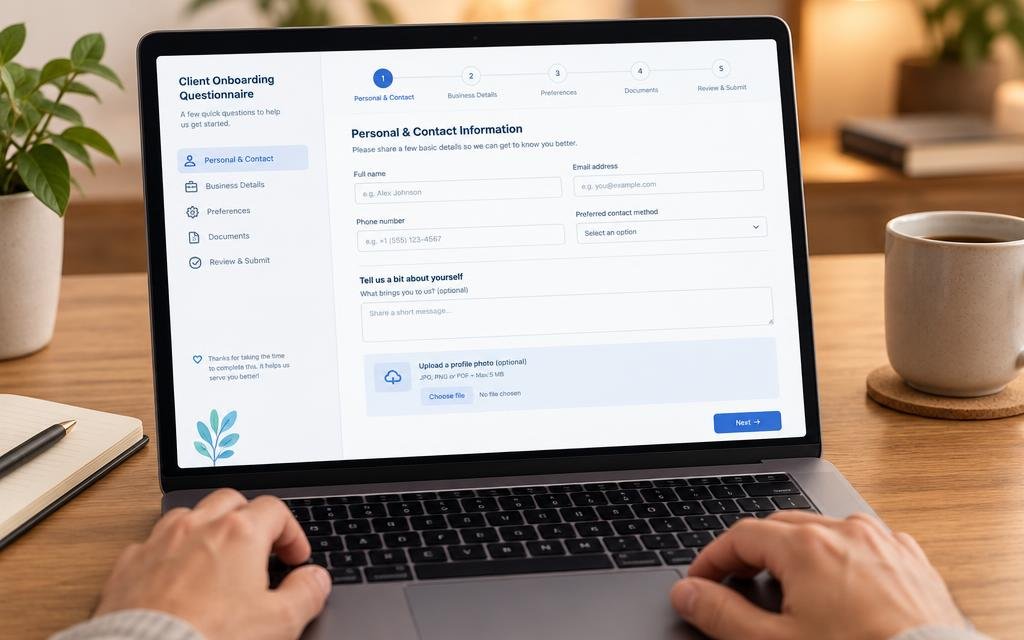client onboarding questionnaire template displayed on a form