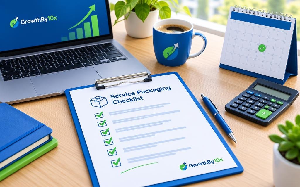 completed packaged service checklist with GrowthBy10x branding