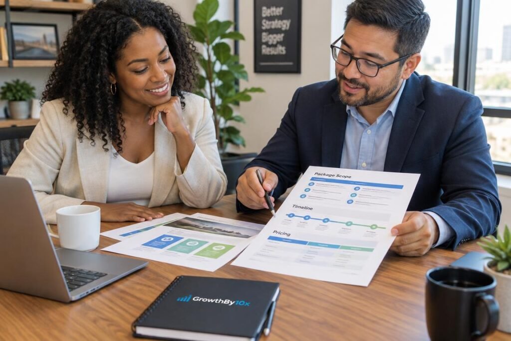 service provider discussing scope and pricing with a client, GrowthBy10x branding