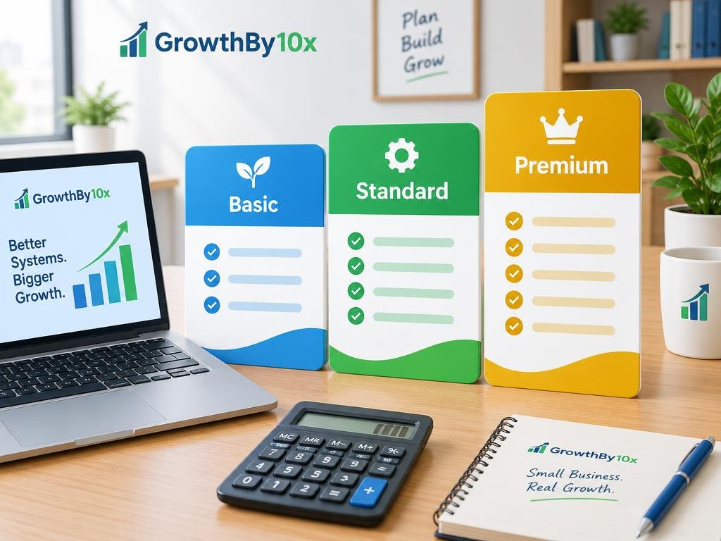 three service package tiers for business owners with GrowthBy10x branding