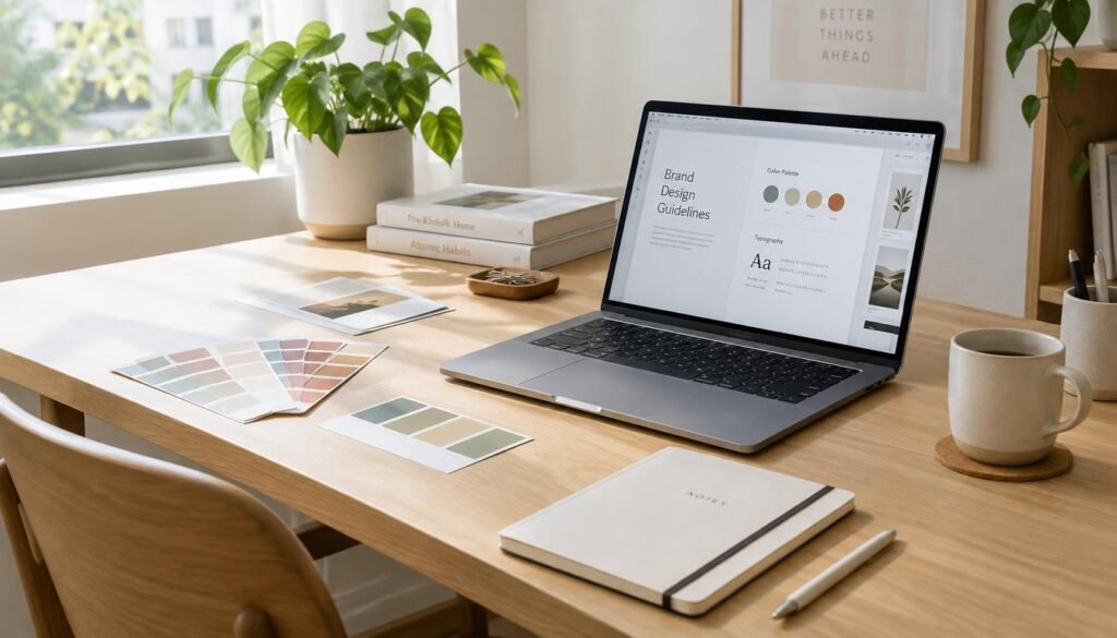 A clean creative workspace with color swatches, typography samples, and a laptop on an oak desk