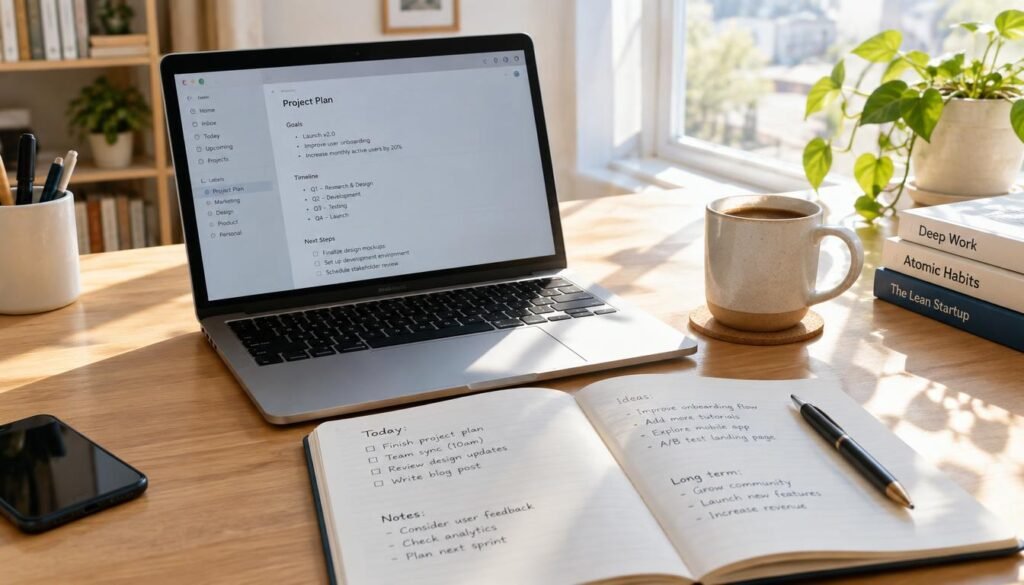 A clean desk with a laptop, notebook, and coffee mug ready for testing local business ideas digitally