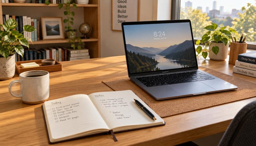 A clean home office desk setup for GrowthBy10x featuring a notebook and simple planning tools