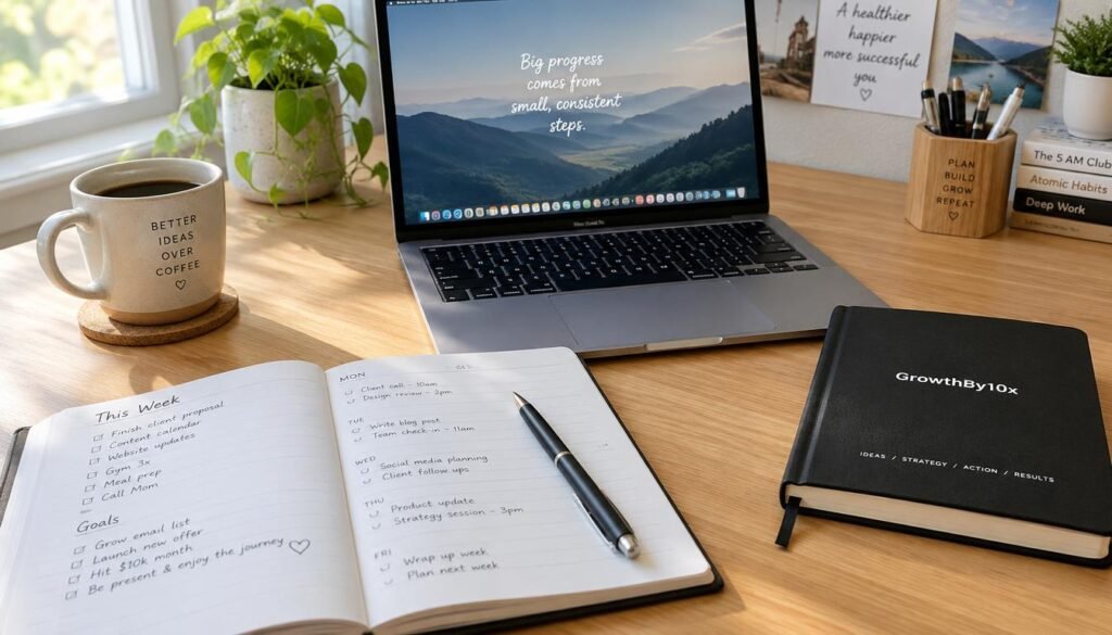 A clean solopreneur wooden desk featuring an open paper planner, laptop, coffee cup, and a GrowthBy10x notebook