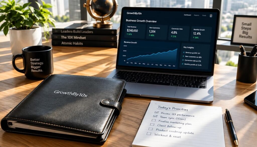 A desk setup with an organized to-do list, GrowthBy10x leather binder, and a laptop displaying financial charts