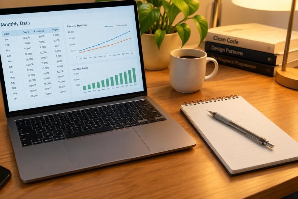 A laptop displaying organizational software alongside a planner for GrowthBy10x operations