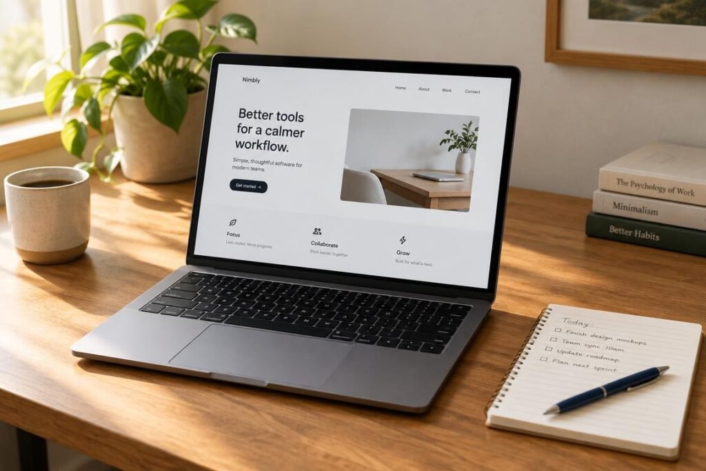 A laptop showing a clean website draft beside a notebook and pen on an office table