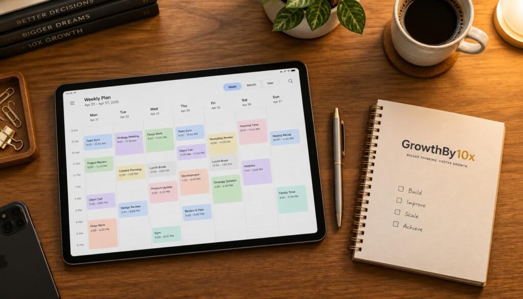 A modern desk arrangement featuring a tablet calendar, modern fountain pen, and a GrowthBy10x branded notepad