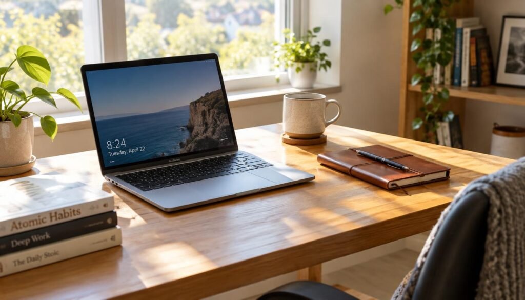 A modern organized desk with a notebook and laptop representing GrowthBy10x business systems