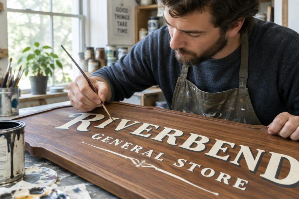 A modern storefront sign being carefully hand-painted with fine brush strokes
