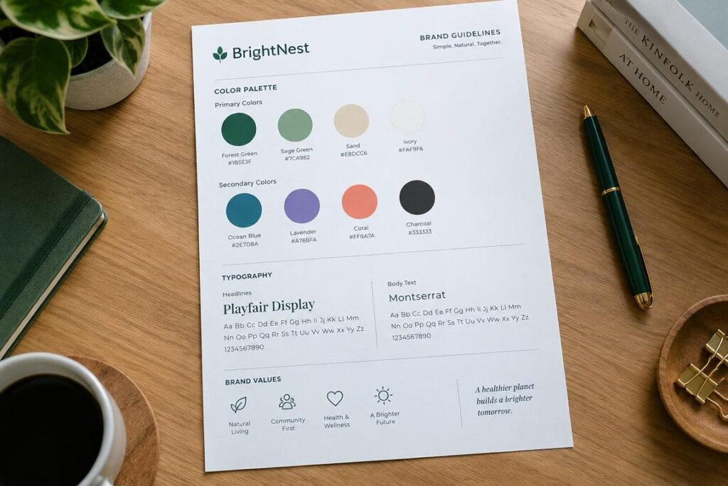 A practical visual style guide sheet resting on a desk beside digital design tools
