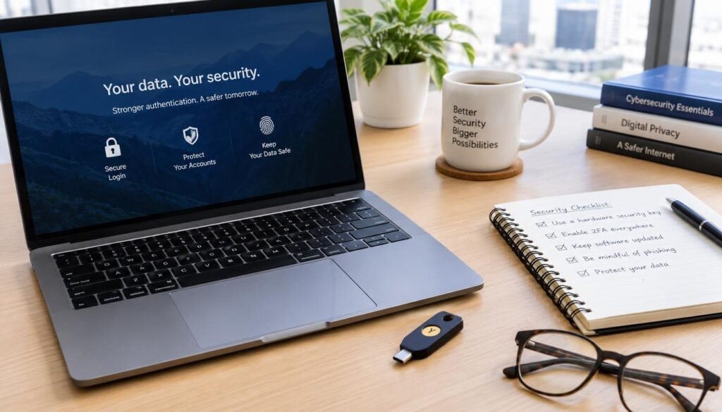 A secure and organized corporate office environment with laptop and security token