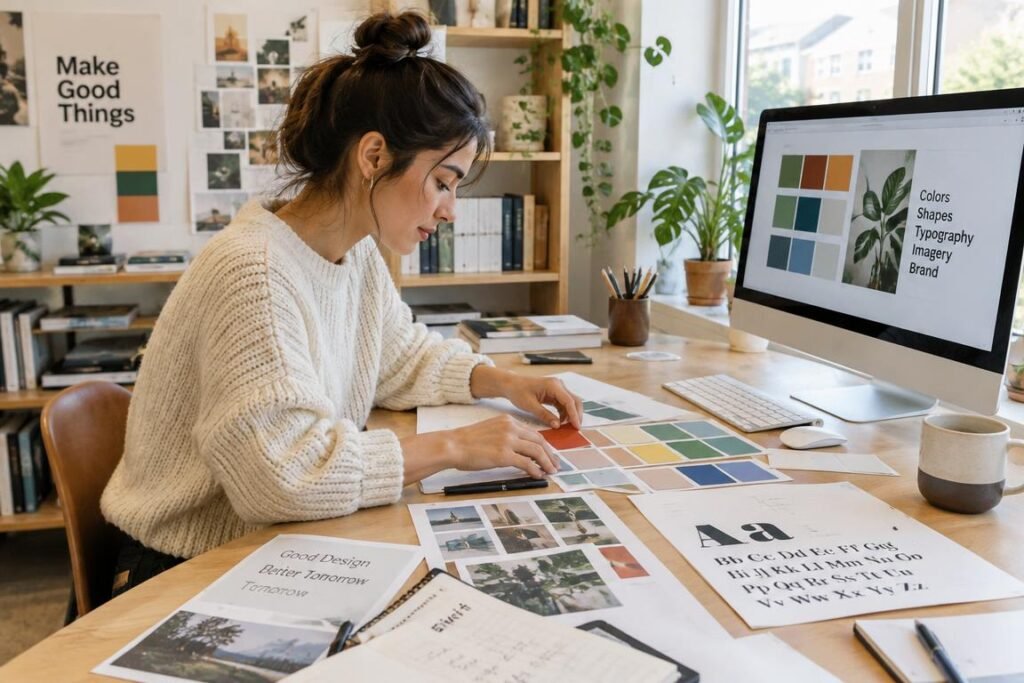A solo publisher organizing visual brand assets and color palettes on a wooden desk