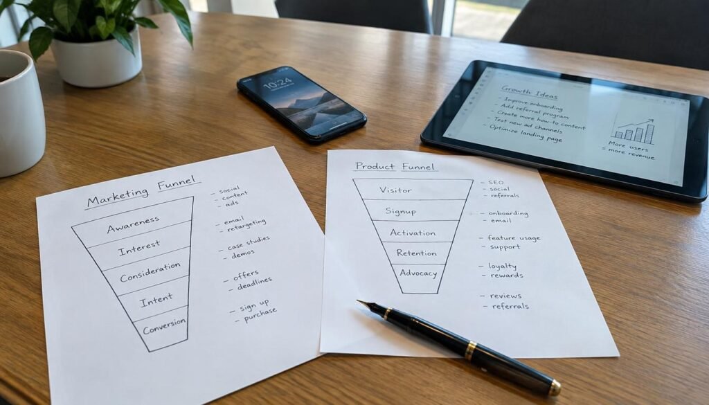 A strategic planning session with notebook sketches displaying GrowthBy10x product planning