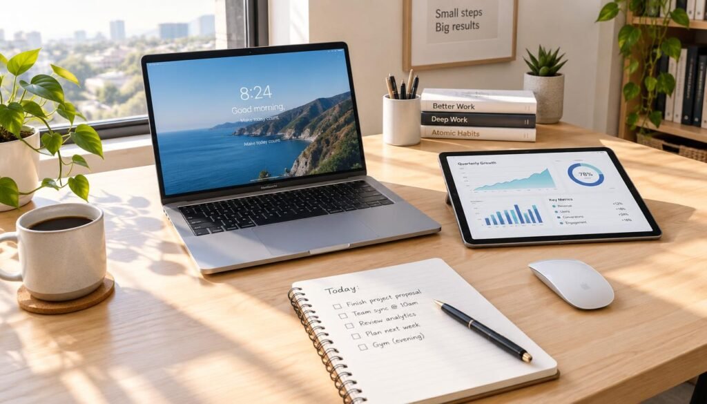 A tidy modern home office desk with a laptop, digital tablet, and notepad