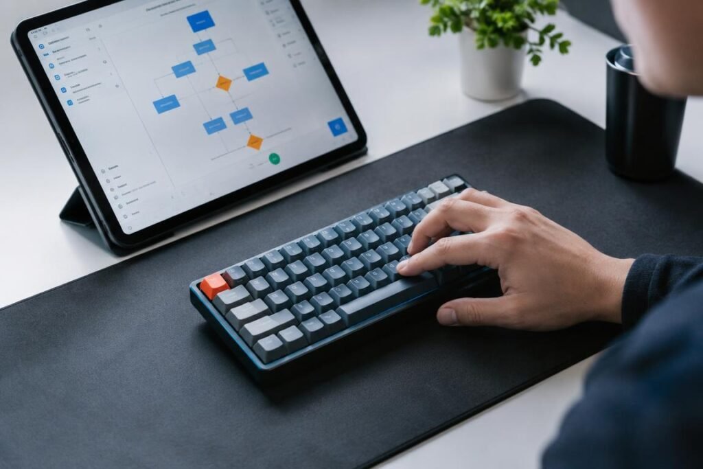 Close-up of hands typing on a modern keyboard beside a digital workflow plan