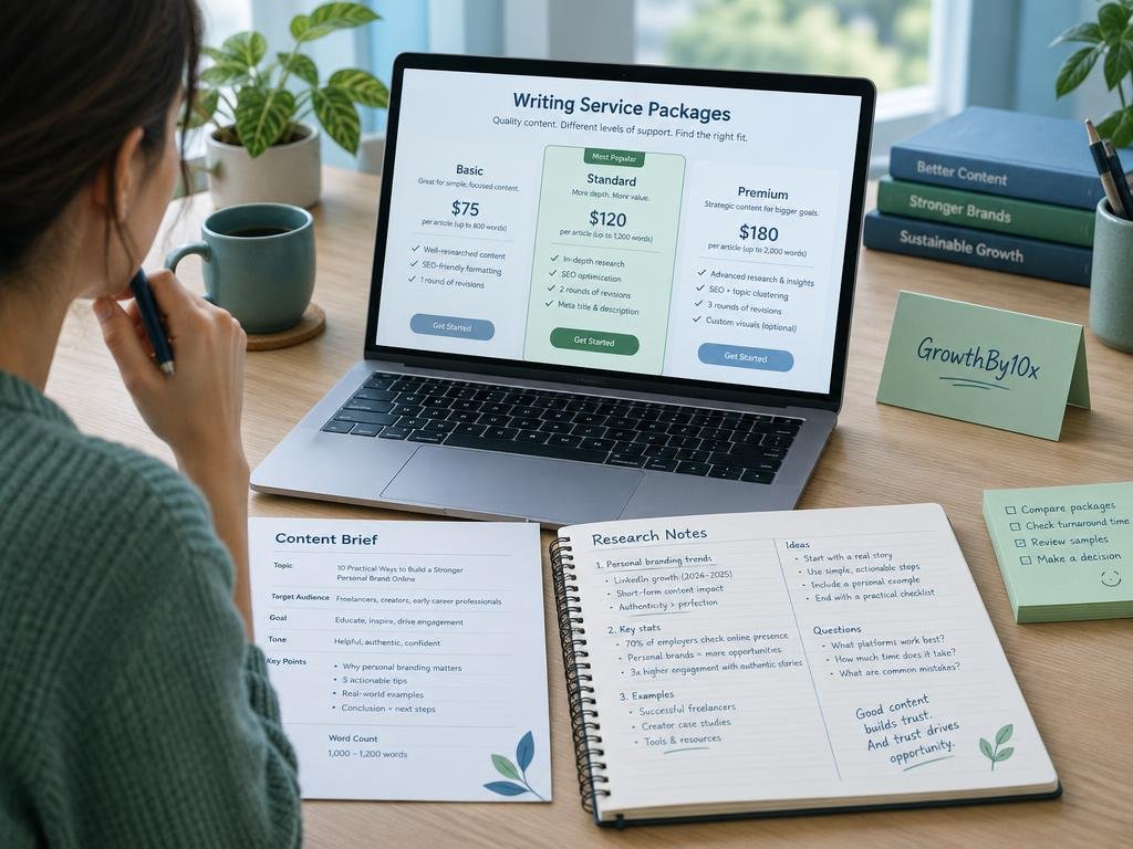 Freelance writer comparing three writing pricing tiers for GrowthBy10x