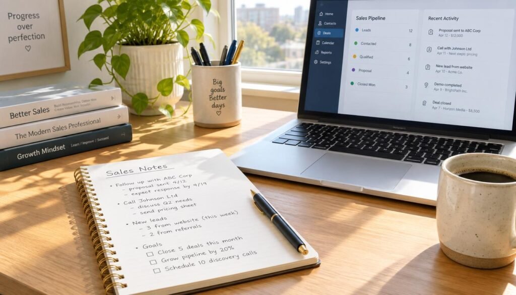 GrowthBy10x blueprint showing an evergreen sales funnel plan on a clean wooden desk