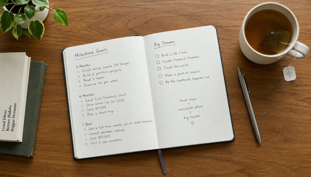 GrowthBy10x desk showing milestone planning in a paper notebook beside a cup of tea