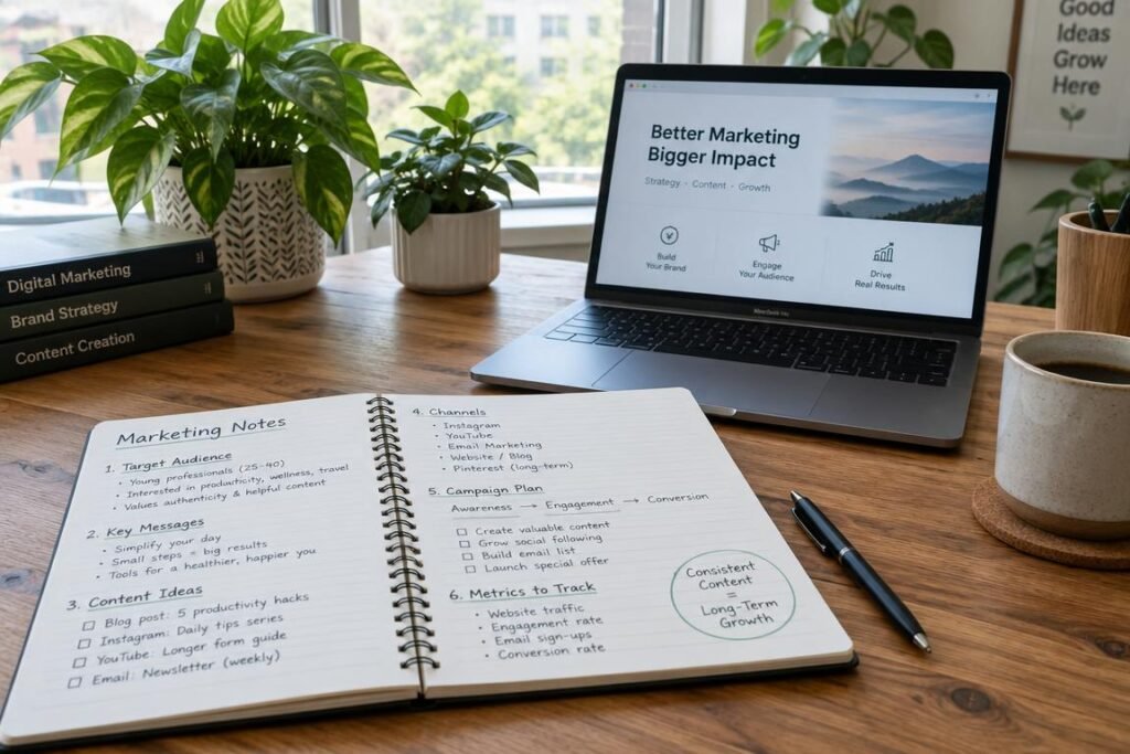 GrowthBy10x digital campaign planner and notebook beside a morning cup of coffee