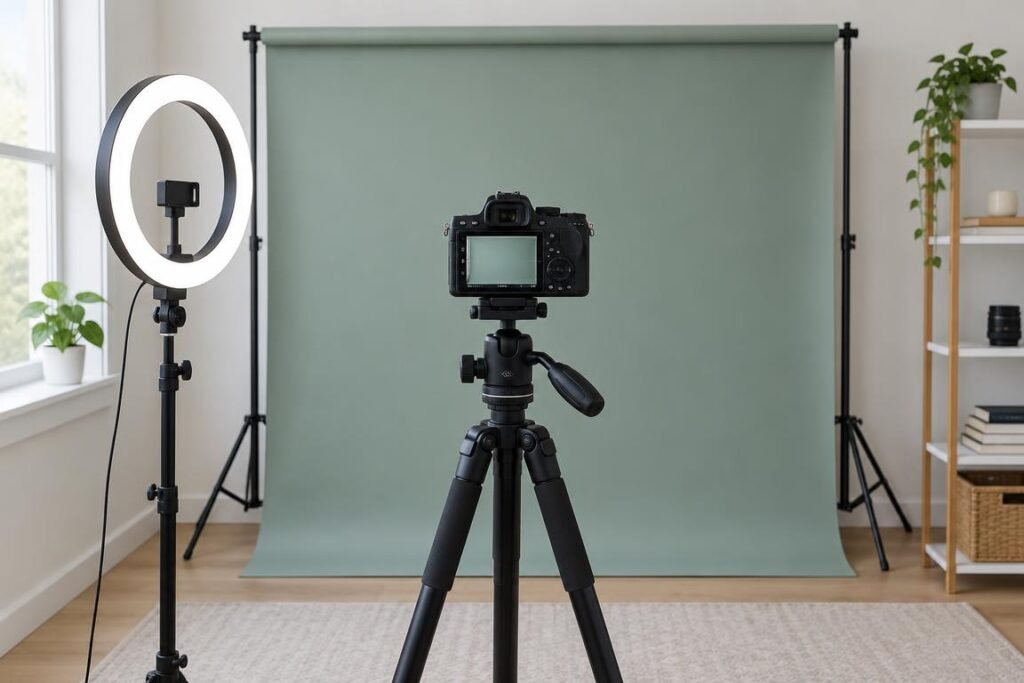 GrowthBy10x photo setup showing softbox lighting and camera tripod