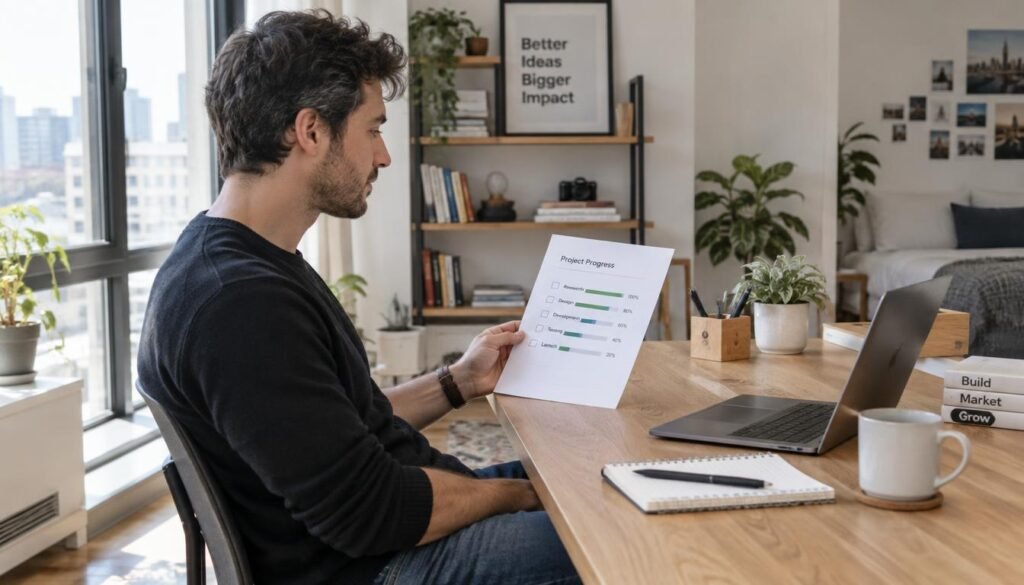 GrowthBy10x visual guide showing a focused entrepreneur reviewing a minimal dashboard