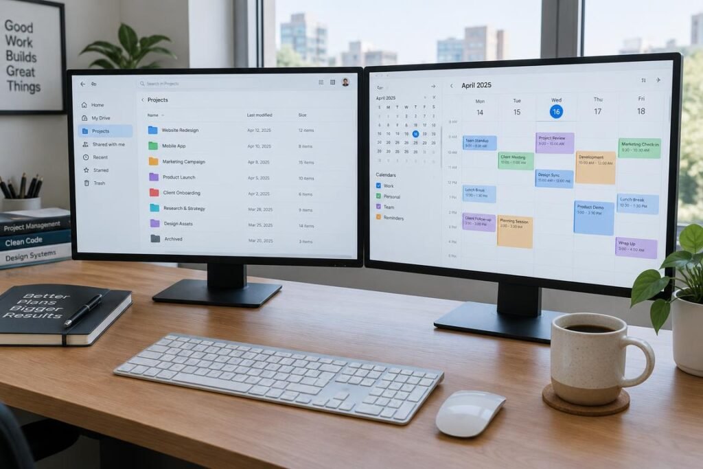 Organized workspace showing automated business management setup