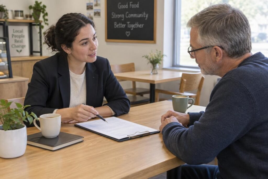 Two business professionals in a casual meeting reviewing notes across a wooden table