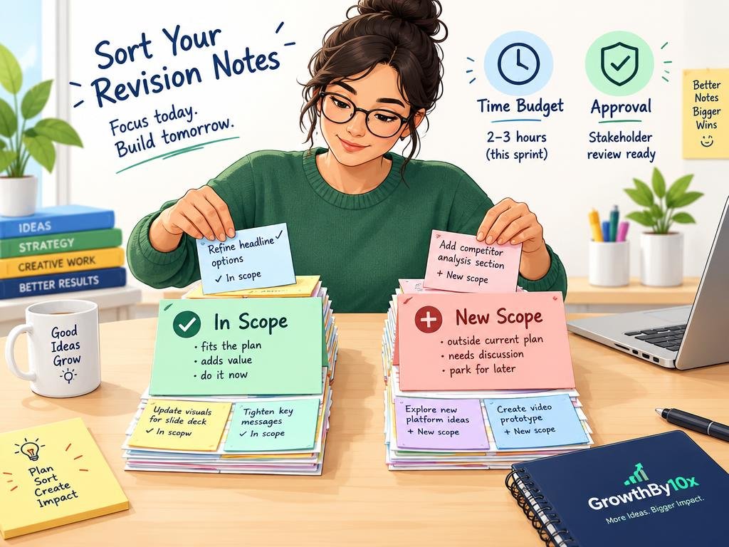 designer sorting reasonable revisions from scope creep for GrowthBy10x