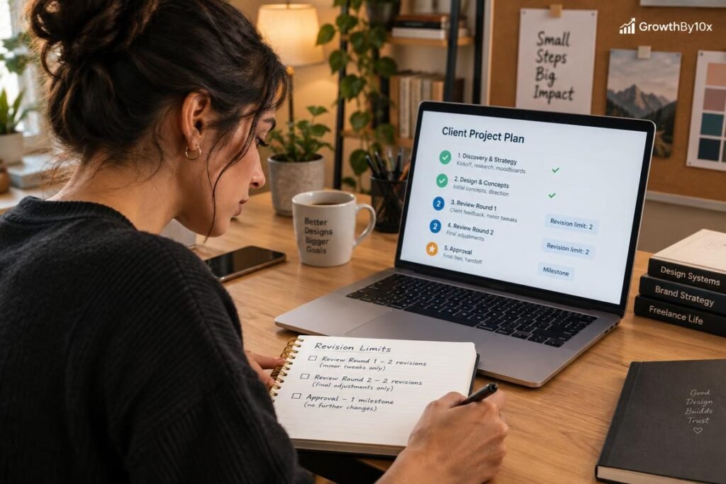 freelance designer setting revision limits in a client project plan for GrowthBy10x