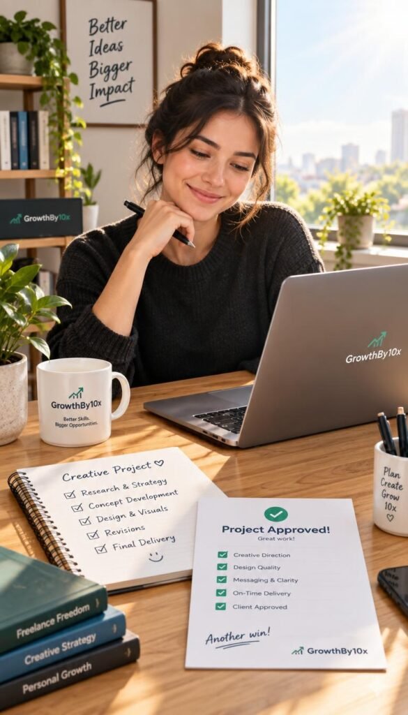 freelancer confidently completing a project with clear revision boundaries and GrowthBy10x branding