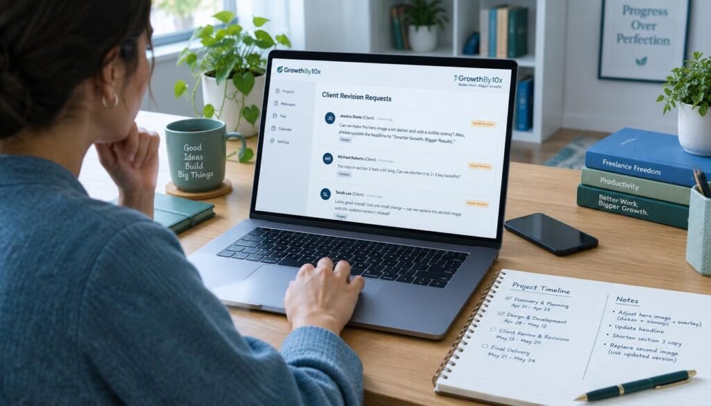 handling client revision requests workflow shown on a GrowthBy10x laptop screen