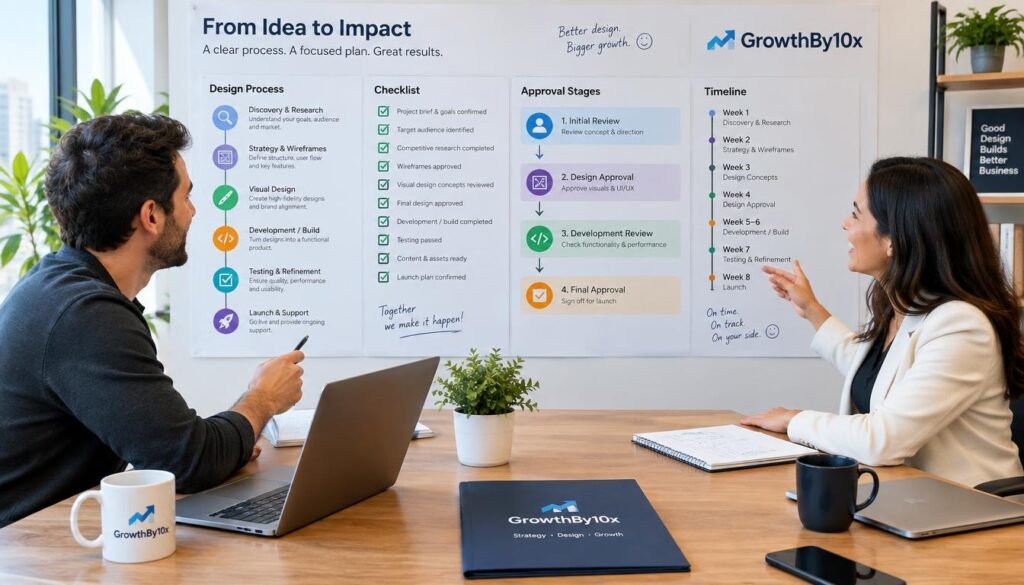 organized design process preventing extra revision requests at GrowthBy10x
