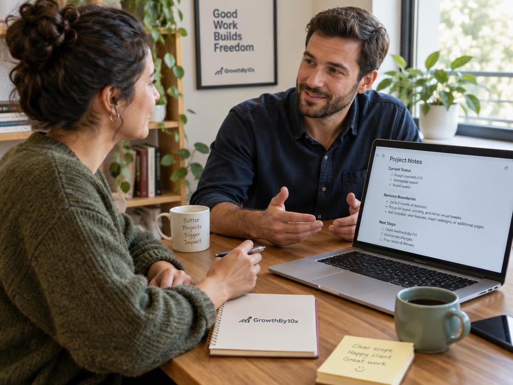 positive freelancer client conversation about revision boundaries for GrowthBy10x