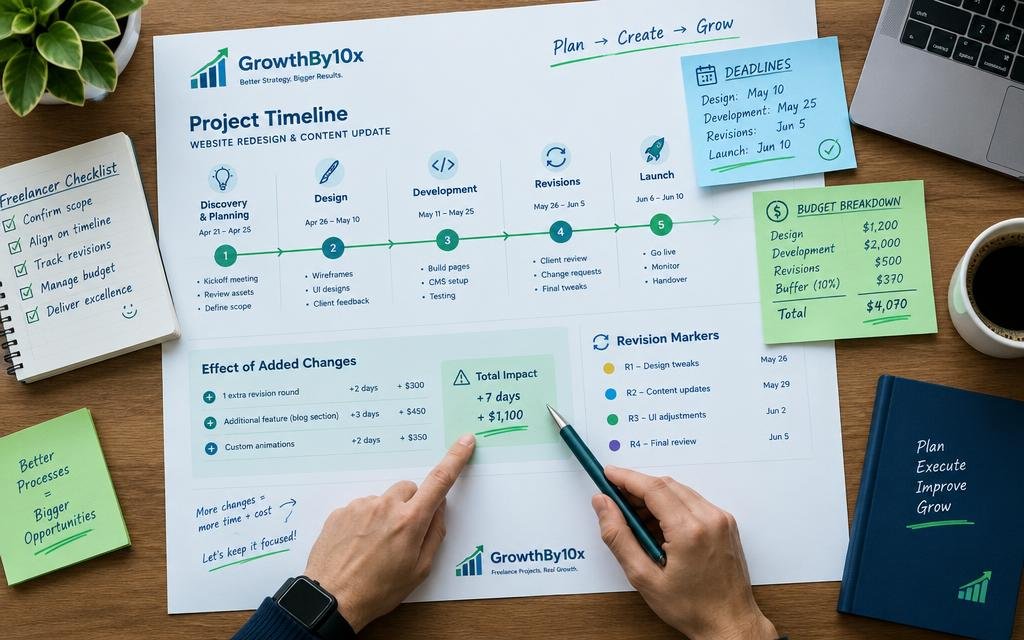 project timeline showing the effect of extra revision requests for GrowthBy10x