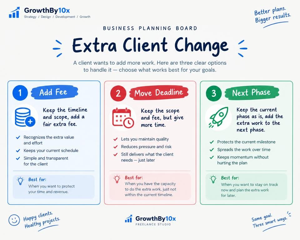 three project options for handling extra client changes on a GrowthBy10x planning board